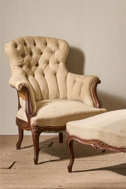 Pair of 19th Century buttoned back armchairs with matching stool