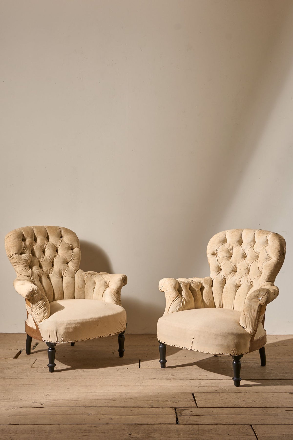Pair of Napoleon III Buttoned spoon back armchairs - TallBoy Interiors