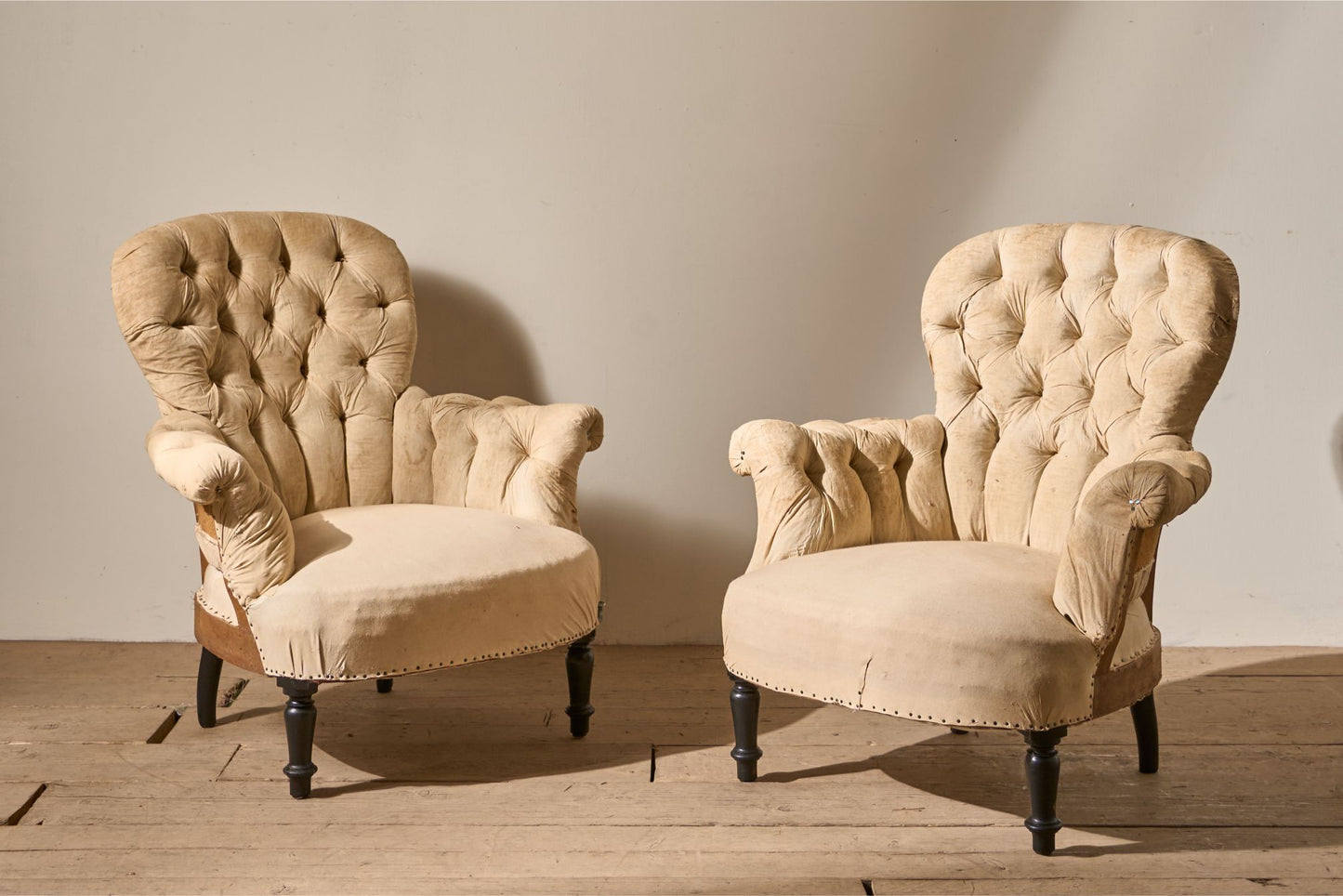 Pair of Napoleon III Buttoned spoon back armchairs