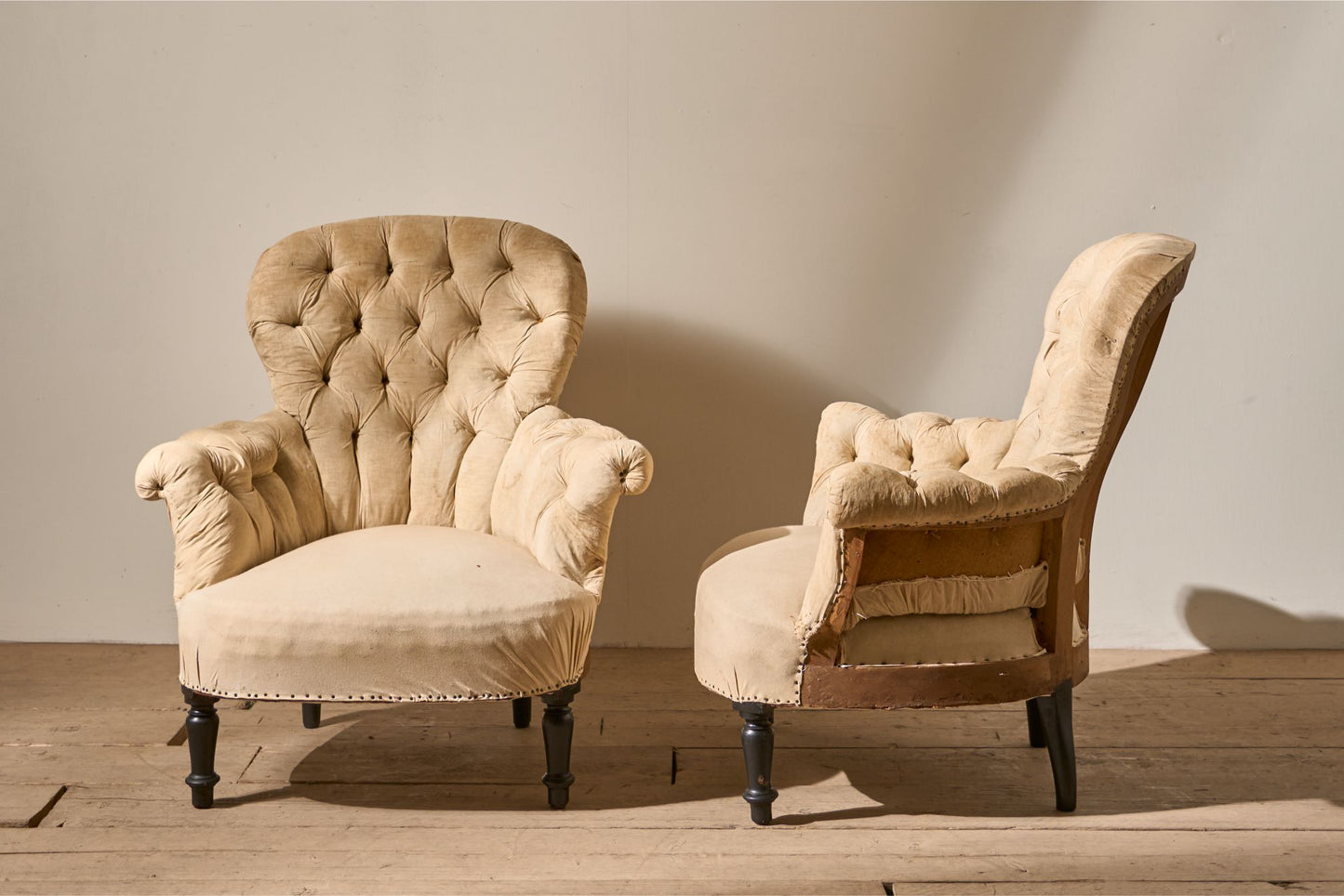 Pair of Napoleon III Buttoned spoon back armchairs