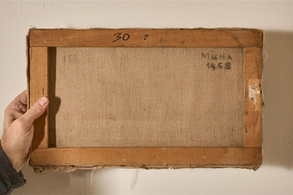 Mid 20th century oil on canvas abstract painting - Green fish