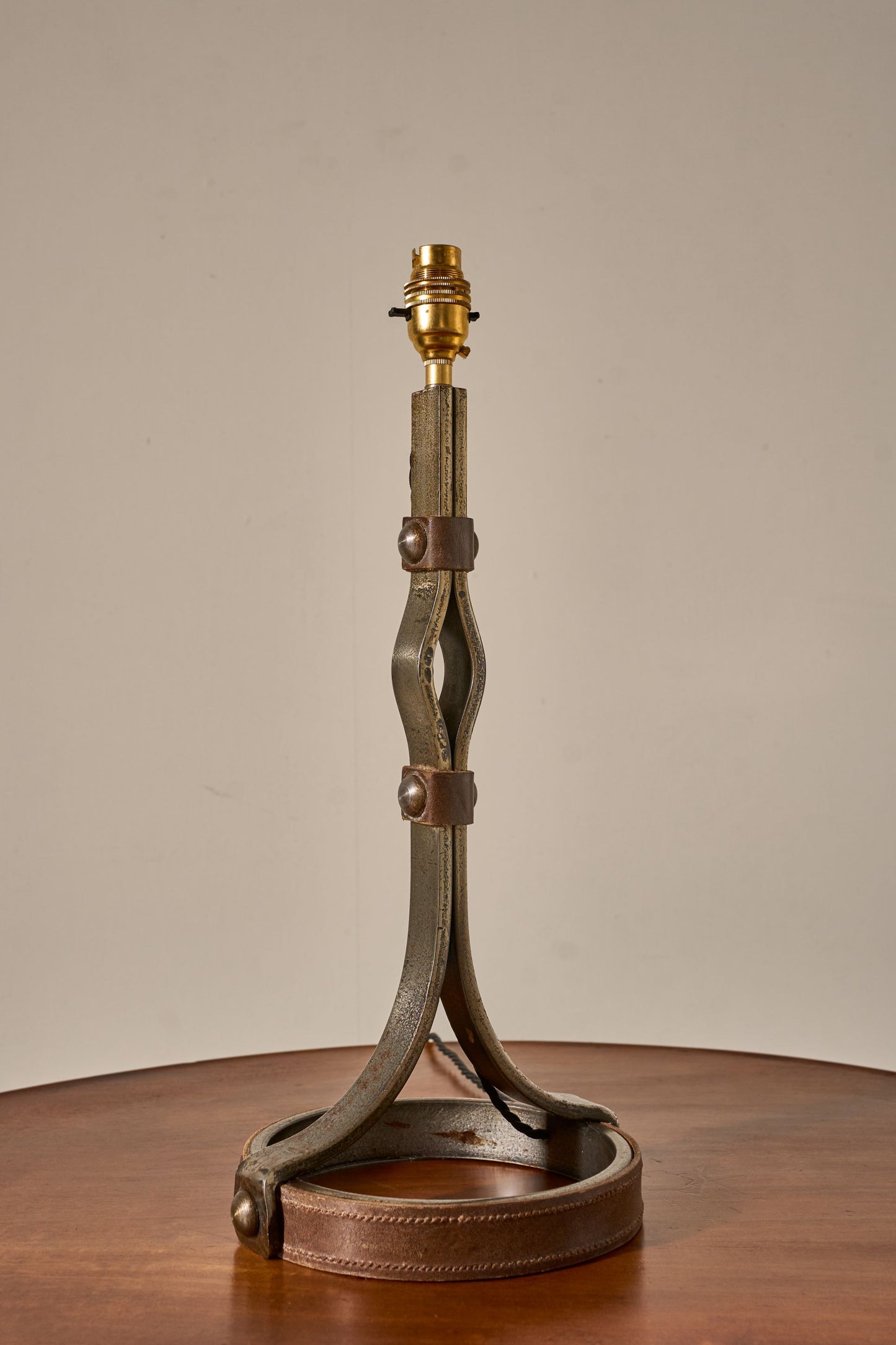 Mid 20th century iron and leather table lamp by Jean Pierre Ryckaert - TallBoy Interiors