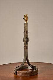 Mid 20th century iron and leather table lamp by Jean Pierre Ryckaert - TallBoy Interiors