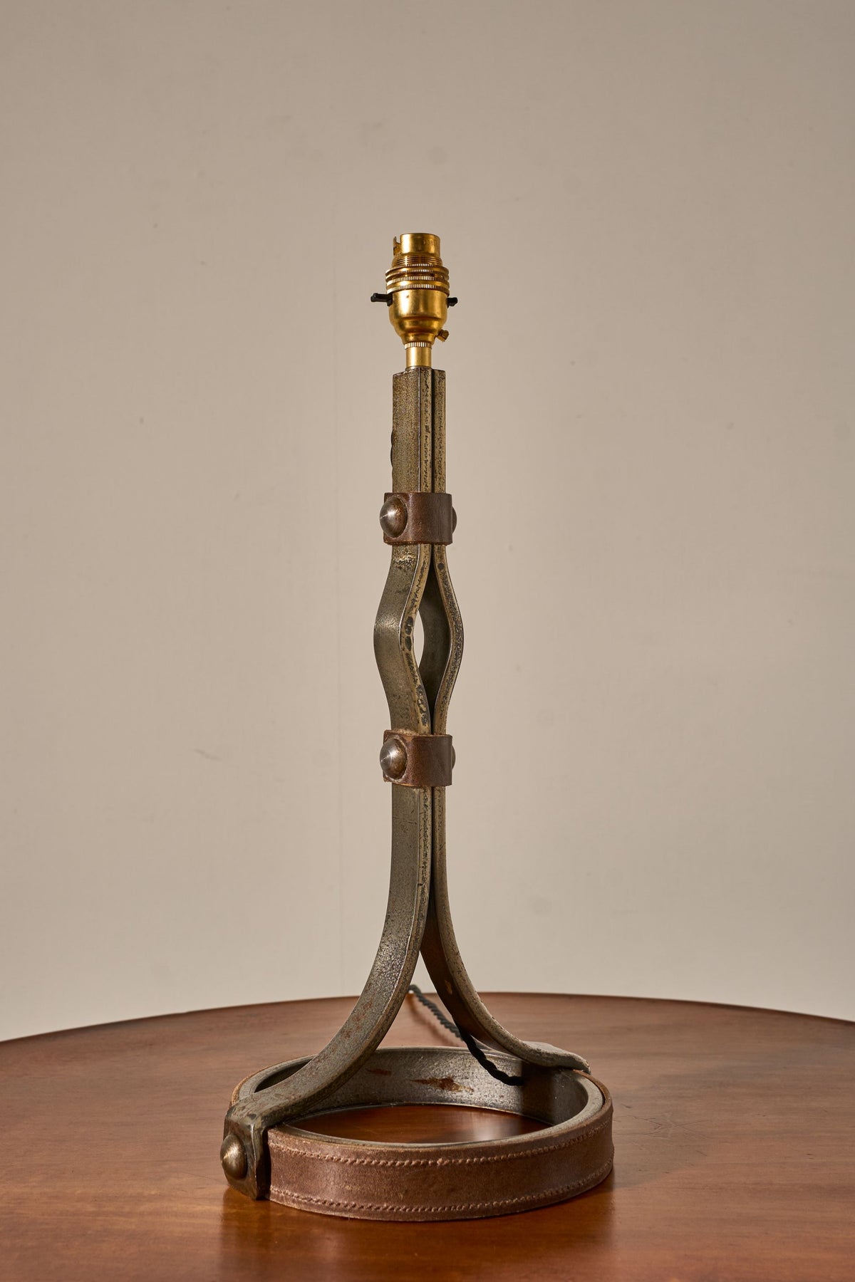 Mid 20th century iron and leather table lamp by Jean Pierre Ryckaert - TallBoy Interiors