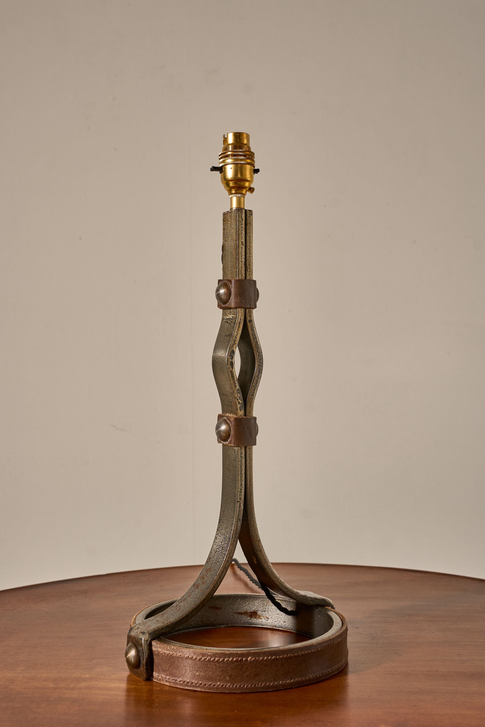 Mid 20th century iron and leather table lamp by Jean Pierre Ryckaert - TallBoy Interiors