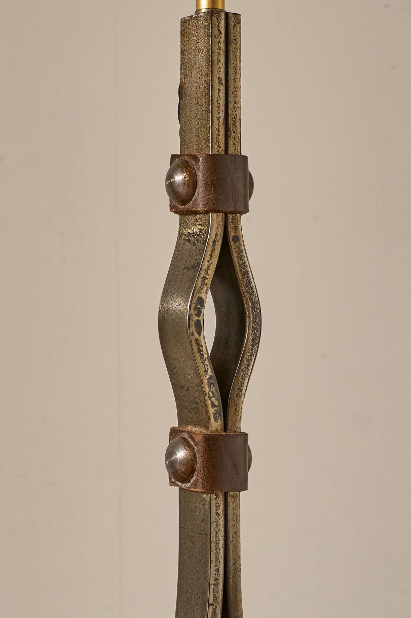 Mid 20th century iron and leather table lamp by Jean Pierre Ryckaert - TallBoy Interiors