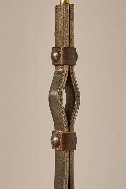 Mid 20th century iron and leather table lamp by Jean Pierre Ryckaert - TallBoy Interiors