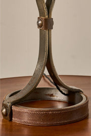 Mid 20th century iron and leather table lamp by Jean Pierre Ryckaert - TallBoy Interiors