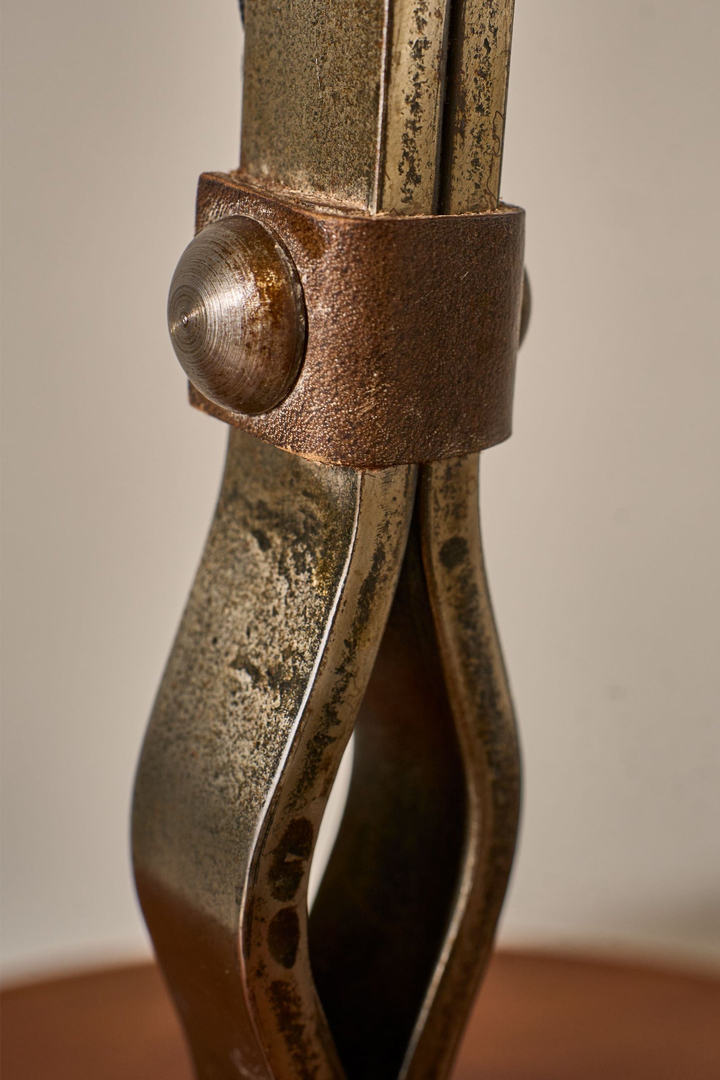 Mid 20th century iron and leather table lamp by Jean Pierre Ryckaert - TallBoy Interiors