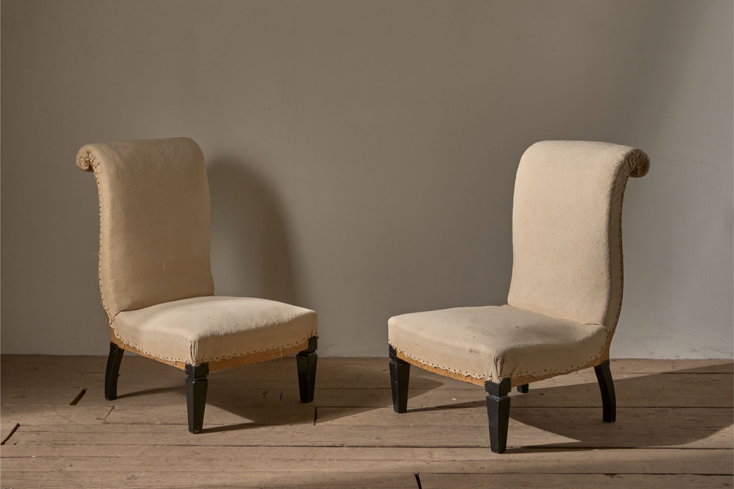 Pair of Art Deco scroll back slipper chairs