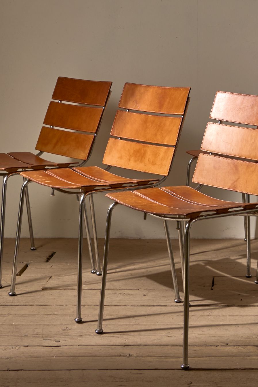 Set of 6 leather and Chrome 'Stripe' dining chairs by Giancarlo Vegni for Fasem