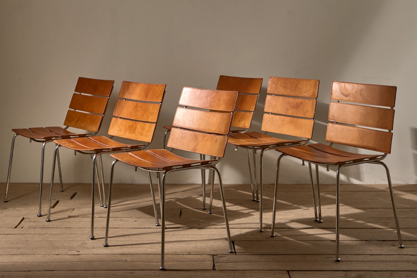 Set of 6 leather and Chrome 'Stripe' dining chairs by Giancarlo Vegni for Fasem