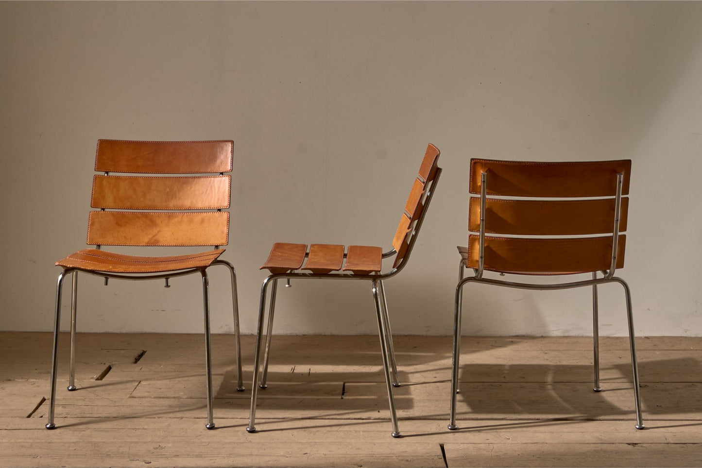 Set of 6 leather and Chrome 'Stripe' dining chairs by Giancarlo Vegni for Fasem