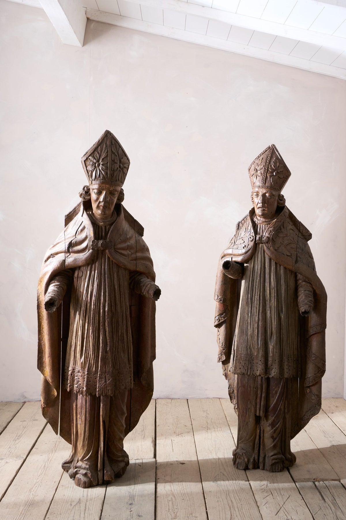 Pair of 5ft5inch tall 16th century Carved Bishops - TallBoy Interiors