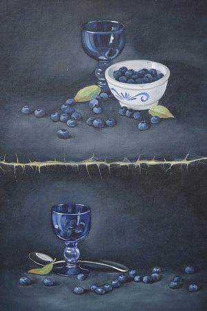 20th century blue glass and berry still life painting