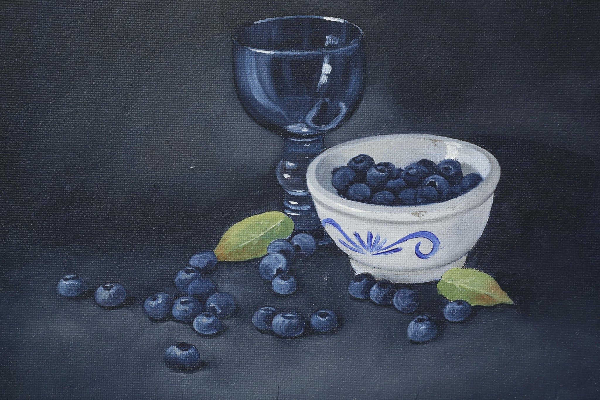 20th century blue glass and berry still life painting