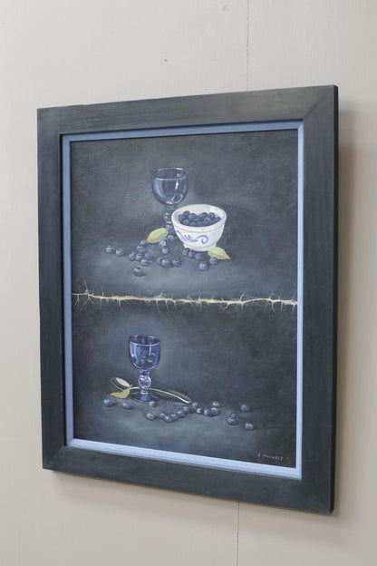 20th century blue glass and berry still life painting