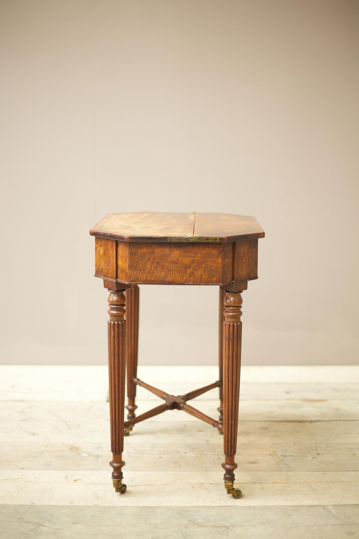 Georgian lift top mahogany work table with reeded legs