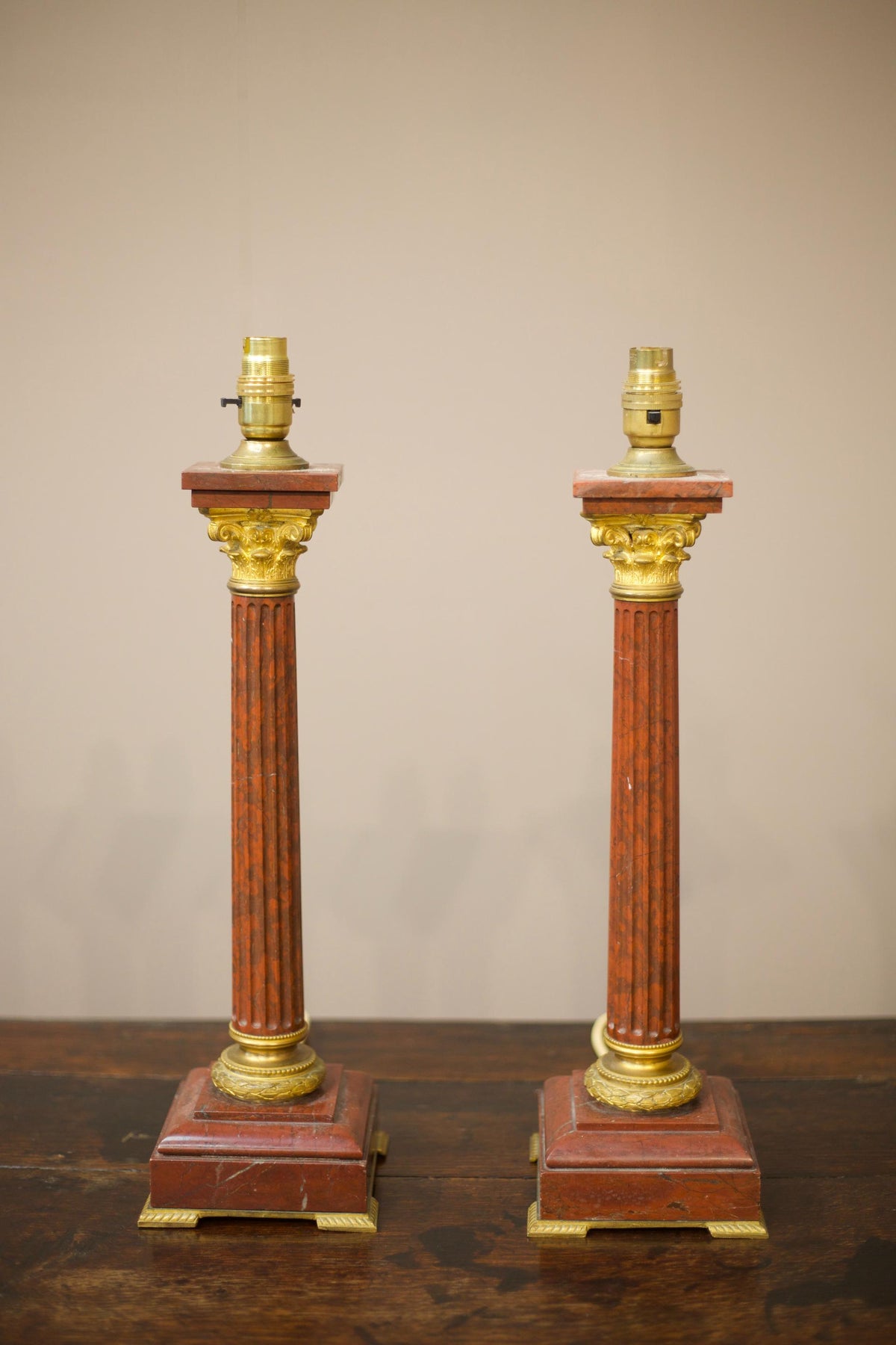 Pair of 19th century Red marble and ormolu table lamps - TallBoy Interiors