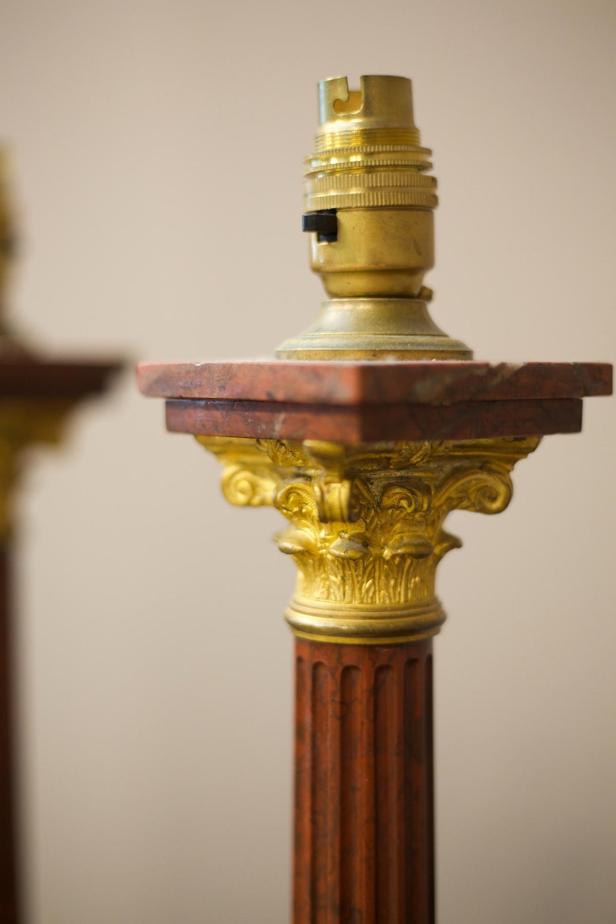 Pair of 19th century Red marble and ormolu table lamps - TallBoy Interiors