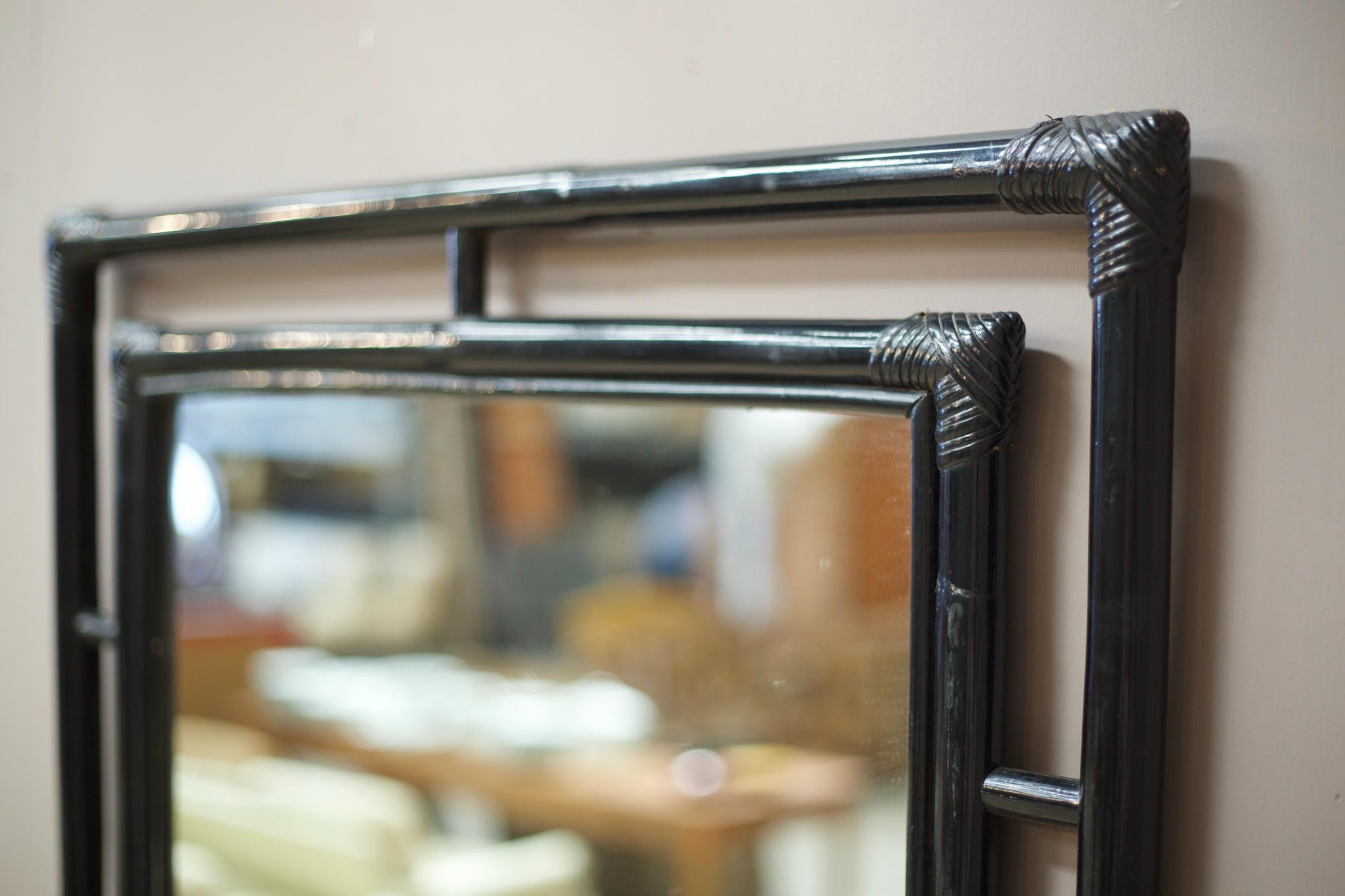 Mid century Black lacquer bamboo mirror
