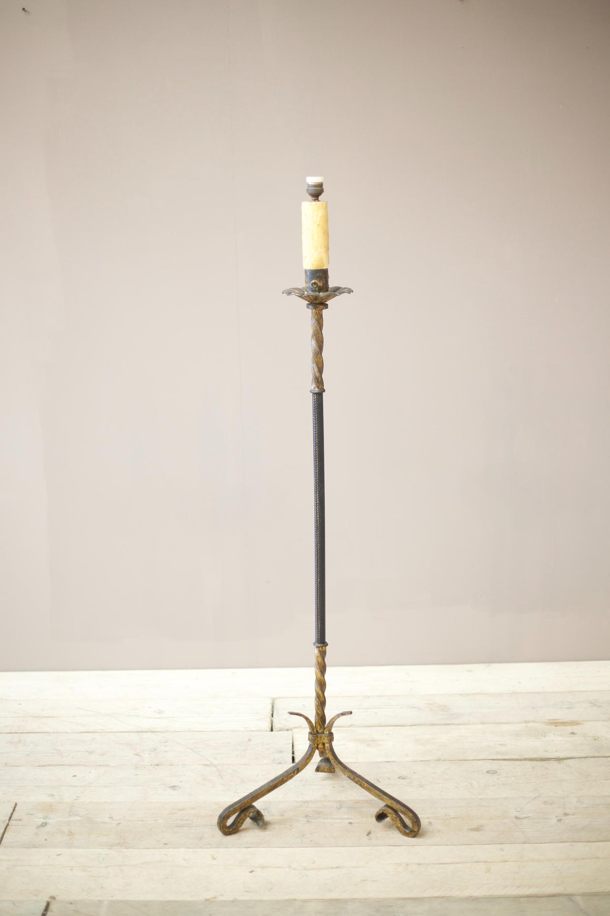 Mid century Spanish gilt metal and leather floor lamp - TallBoy Interiors