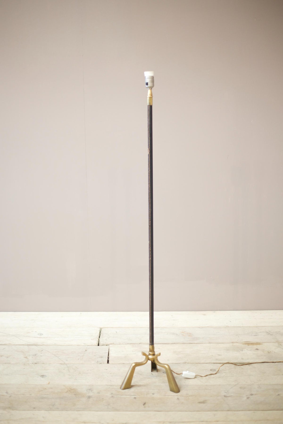 Mid century Spanish brass and black leather floor lamp - TallBoy Interiors