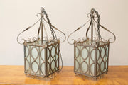 Pair of early 20th century Iron and frosted glass hanging lanterns - TallBoy Interiors