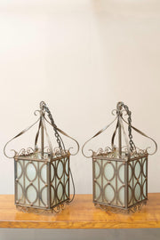 Pair of early 20th century Iron and frosted glass hanging lanterns - TallBoy Interiors