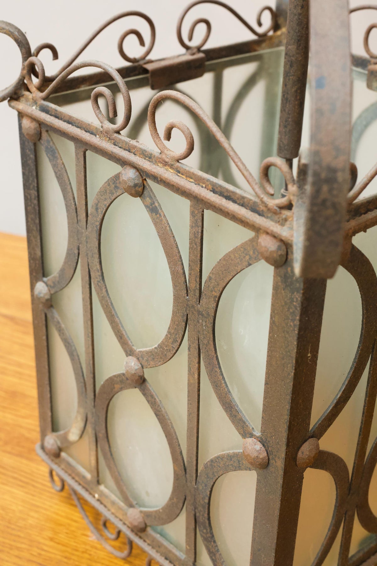 Pair of early 20th century Iron and frosted glass hanging lanterns - TallBoy Interiors