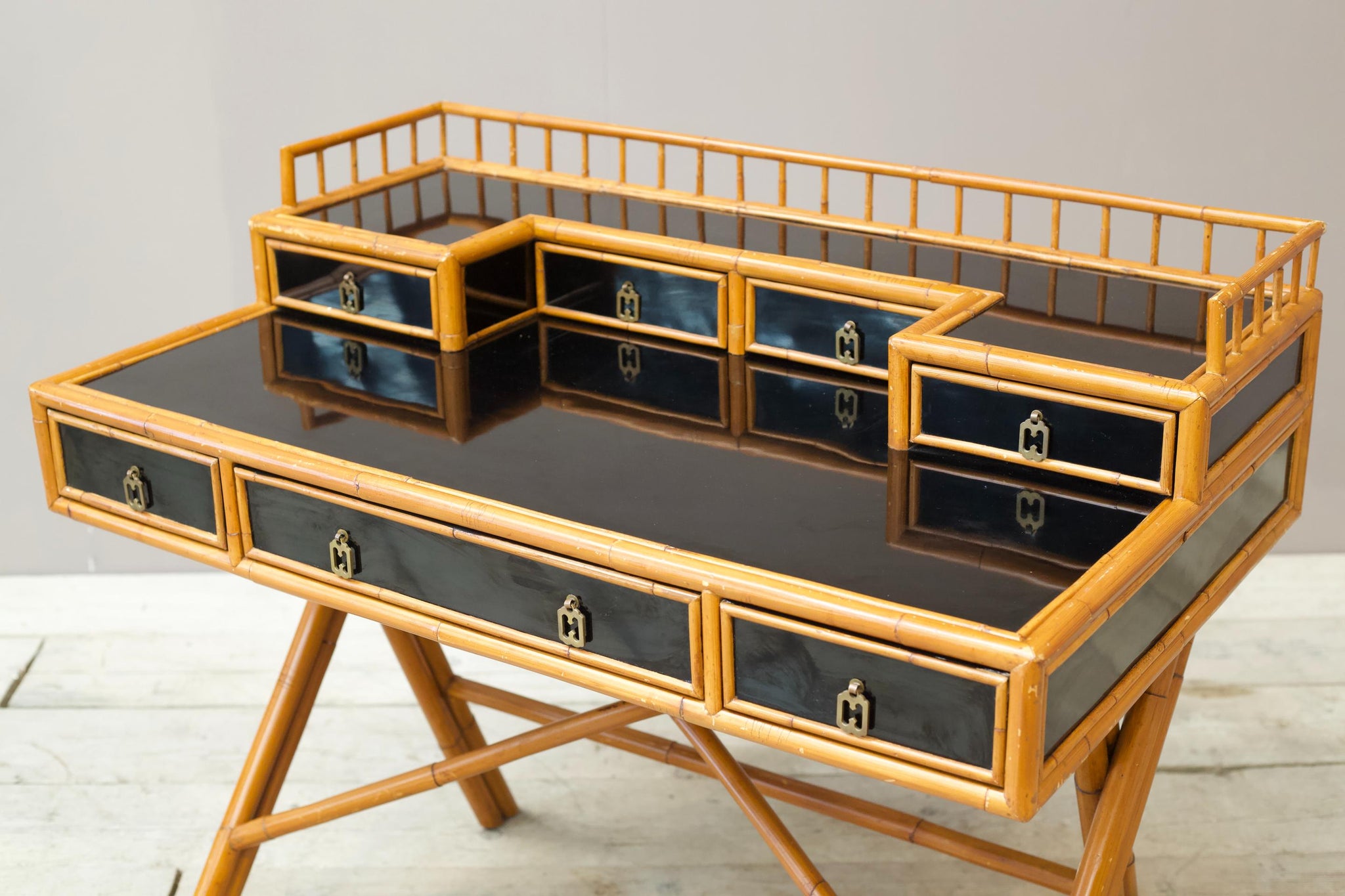 20th century Bamboo and black lacquer desk by E Murio