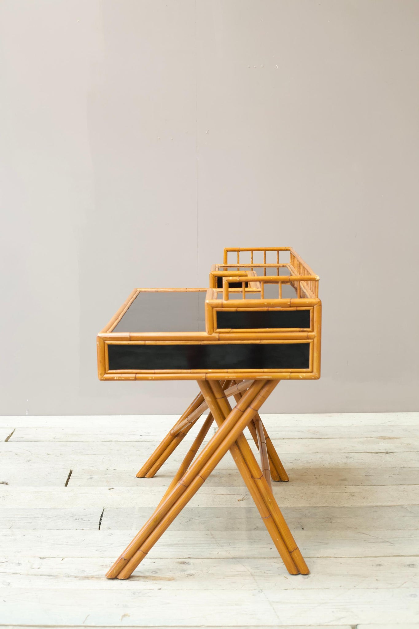 20th century Bamboo and black lacquer desk by E Murio