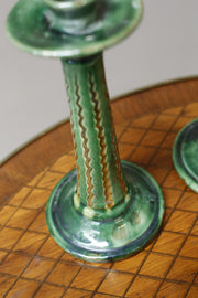 Pair of early 20th century Spanish Green glazed candle sticks - TallBoy Interiors
