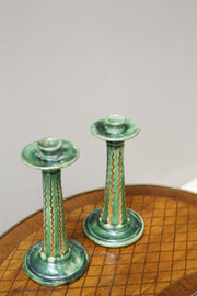 Pair of early 20th century Spanish Green glazed candle sticks - TallBoy Interiors