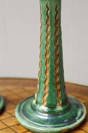 Pair of early 20th century Spanish Green glazed candle sticks - TallBoy Interiors