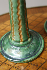 Pair of early 20th century Spanish Green glazed candle sticks - TallBoy Interiors