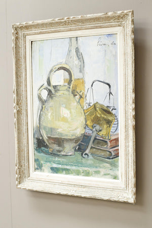 20th century oil on board painting of a confit pot