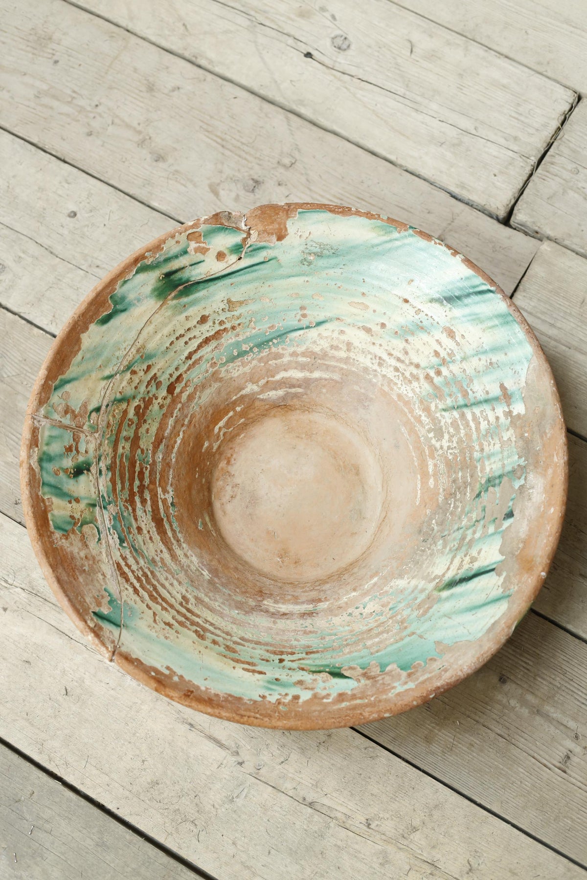 20th century heavily worn green glazed Pancheon - TallBoy Interiors