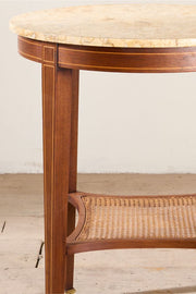 1920's mahogany yellow marble and rattan shelf Gueridon table