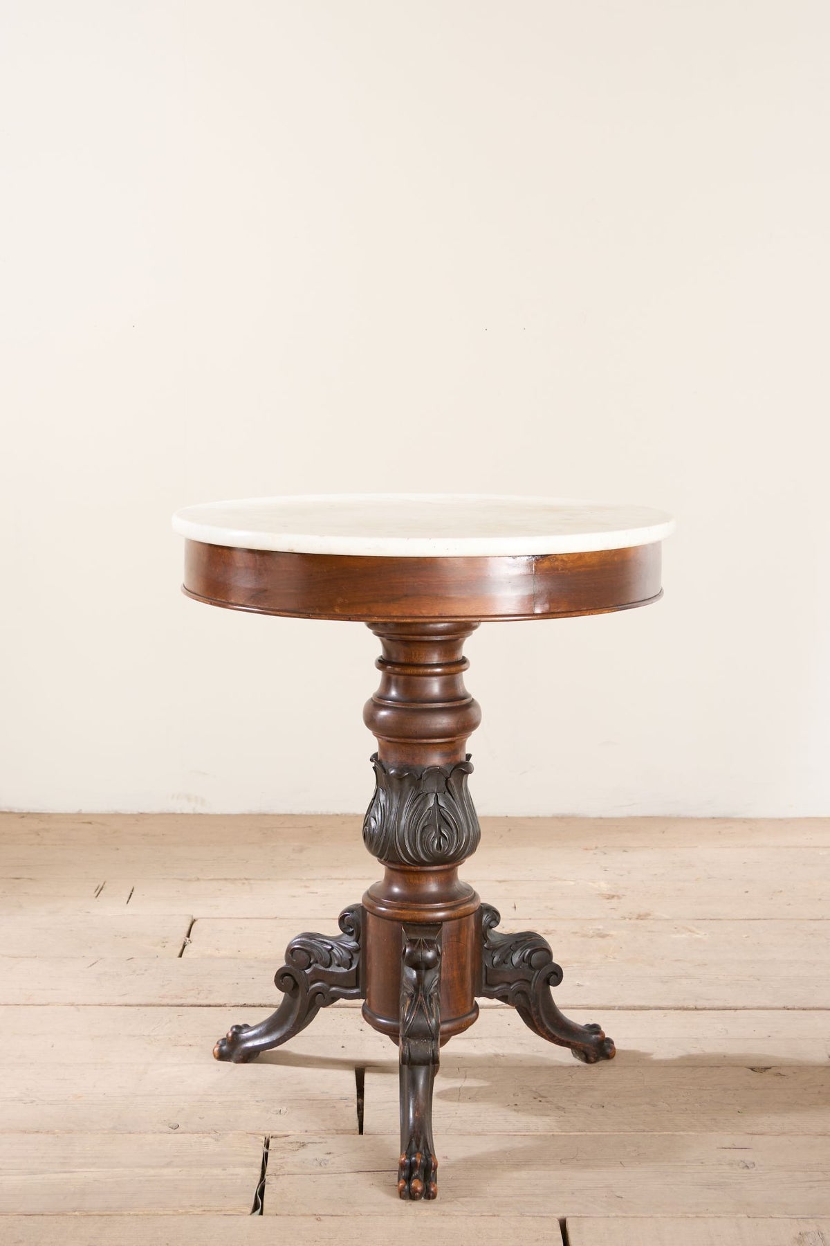 19th century Carved mahogany and white marble Gueridon table - TallBoy Interiors