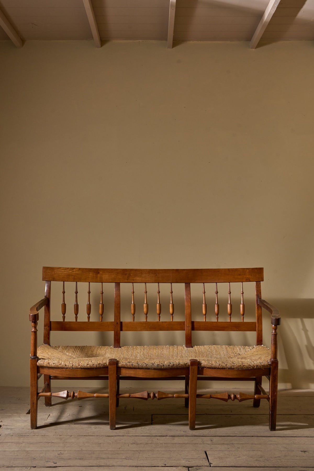 19th century French rush seated hall bench - TallBoy Interiors
