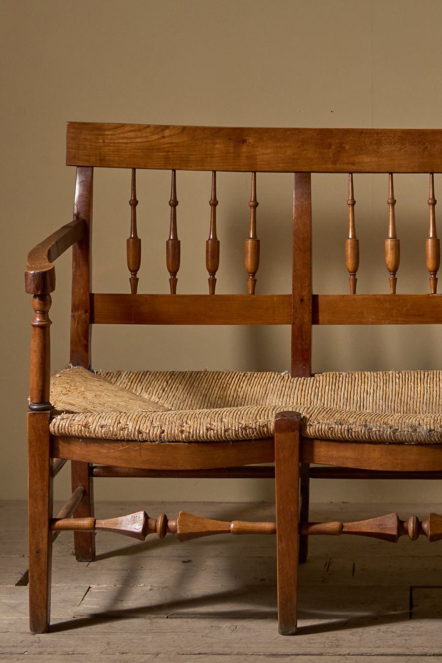 19th century French rush seated hall bench - TallBoy Interiors