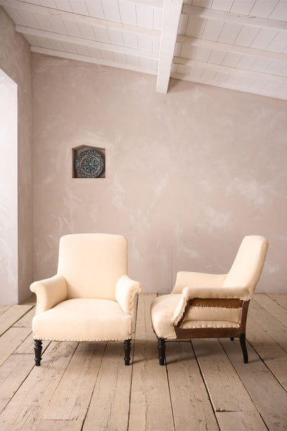 Pair of wide seated Napoleon III square back armchairs