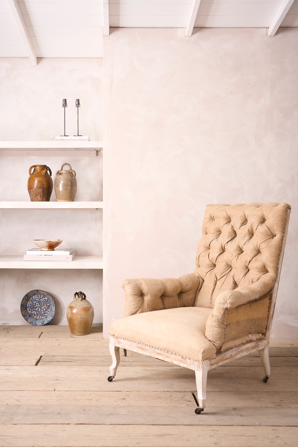 19th century French buttoned square back armchair - TallBoy Interiors