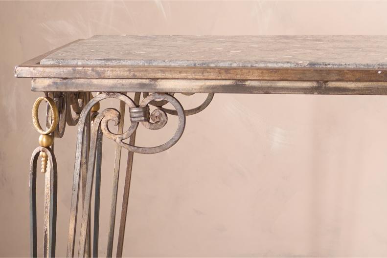 Mid century Fossil marble console table with metal base