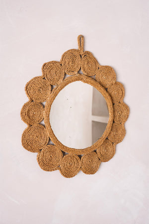 Mid century rattan scalloped wall mirror