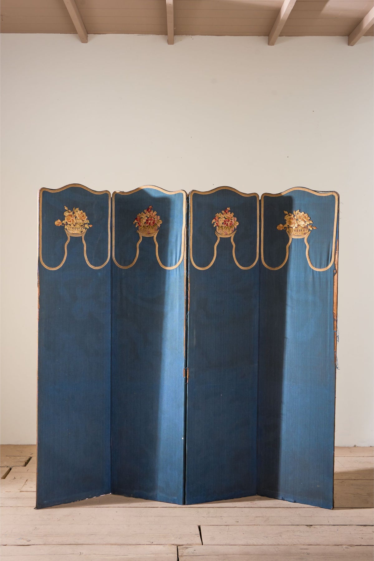 1920's Blue embroidered room screen - 4 panel - TallBoy Interiors