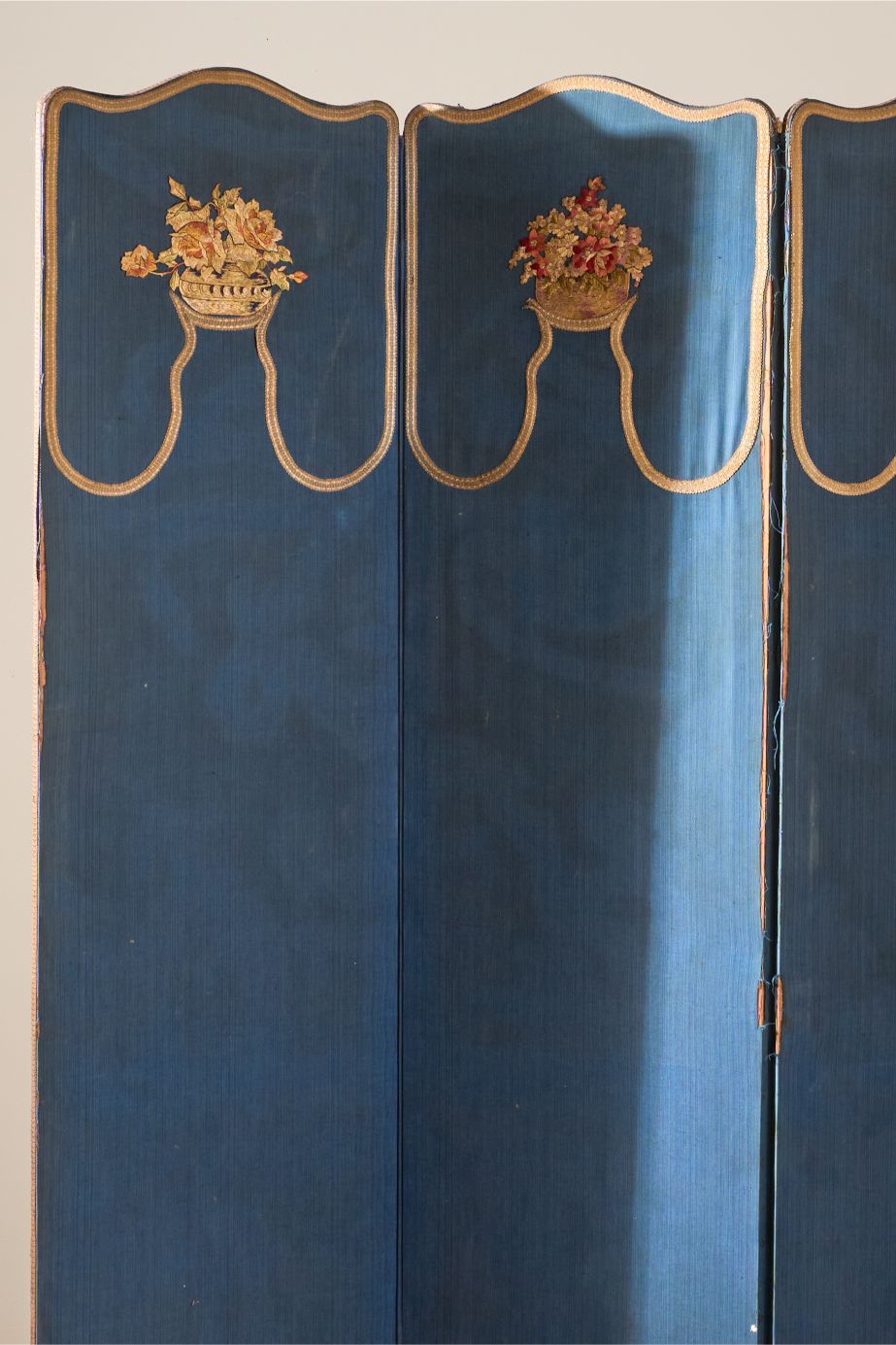 1920's Blue embroidered room screen - 4 panel - TallBoy Interiors