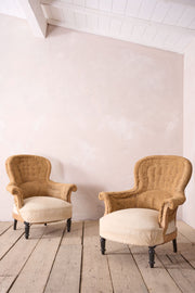 Pair of hessian curved back Napoleon III armchairs - TallBoy Interiors