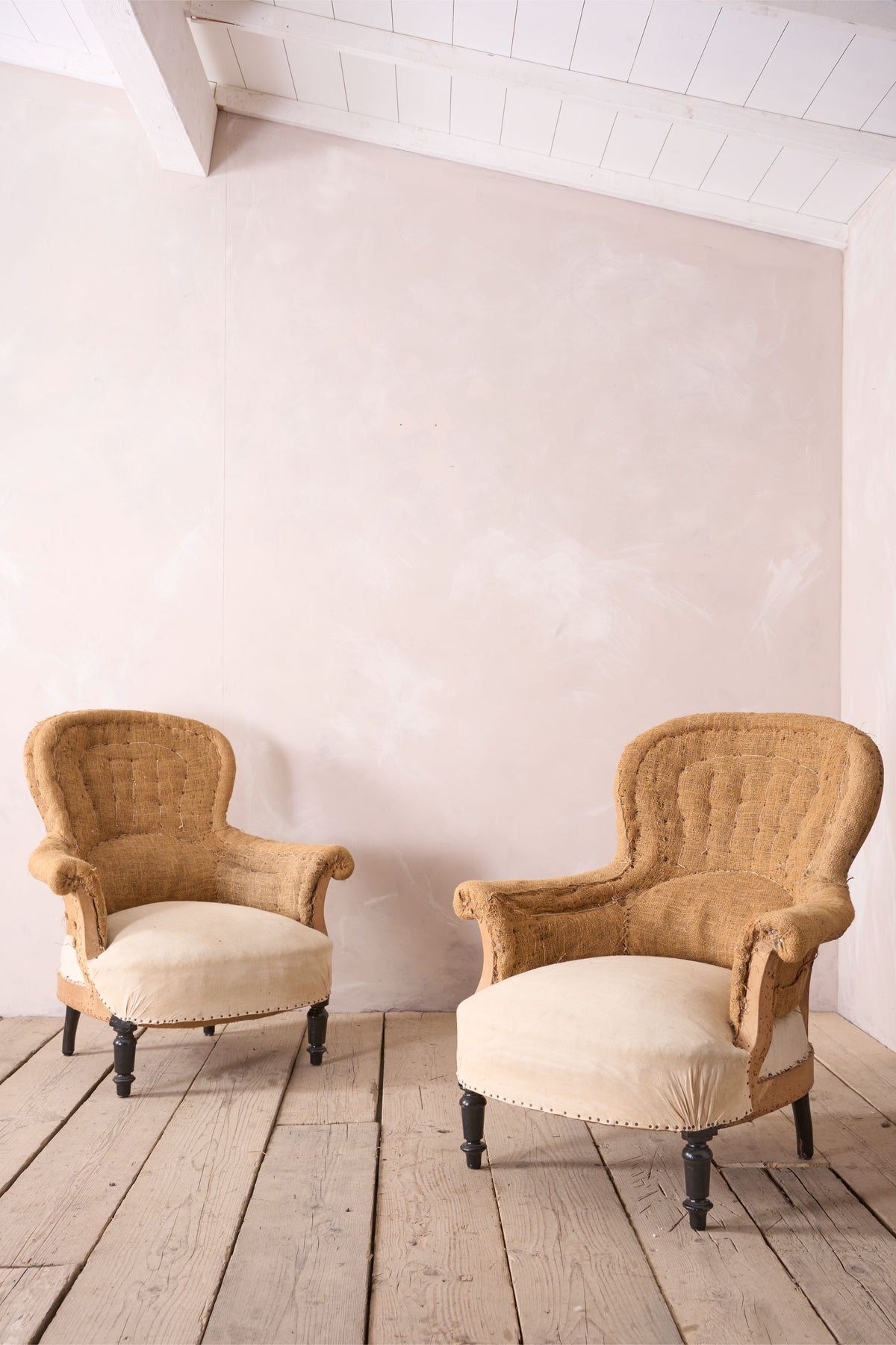 Pair of hessian curved back Napoleon III armchairs - TallBoy Interiors